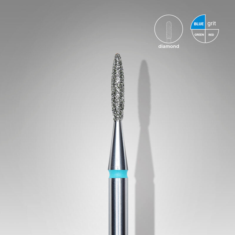 Staleks-Diamond nail drill bit, pointed “flame”, blue, head diameter 1.6 mm/ working part 8 mm FA11B016/8